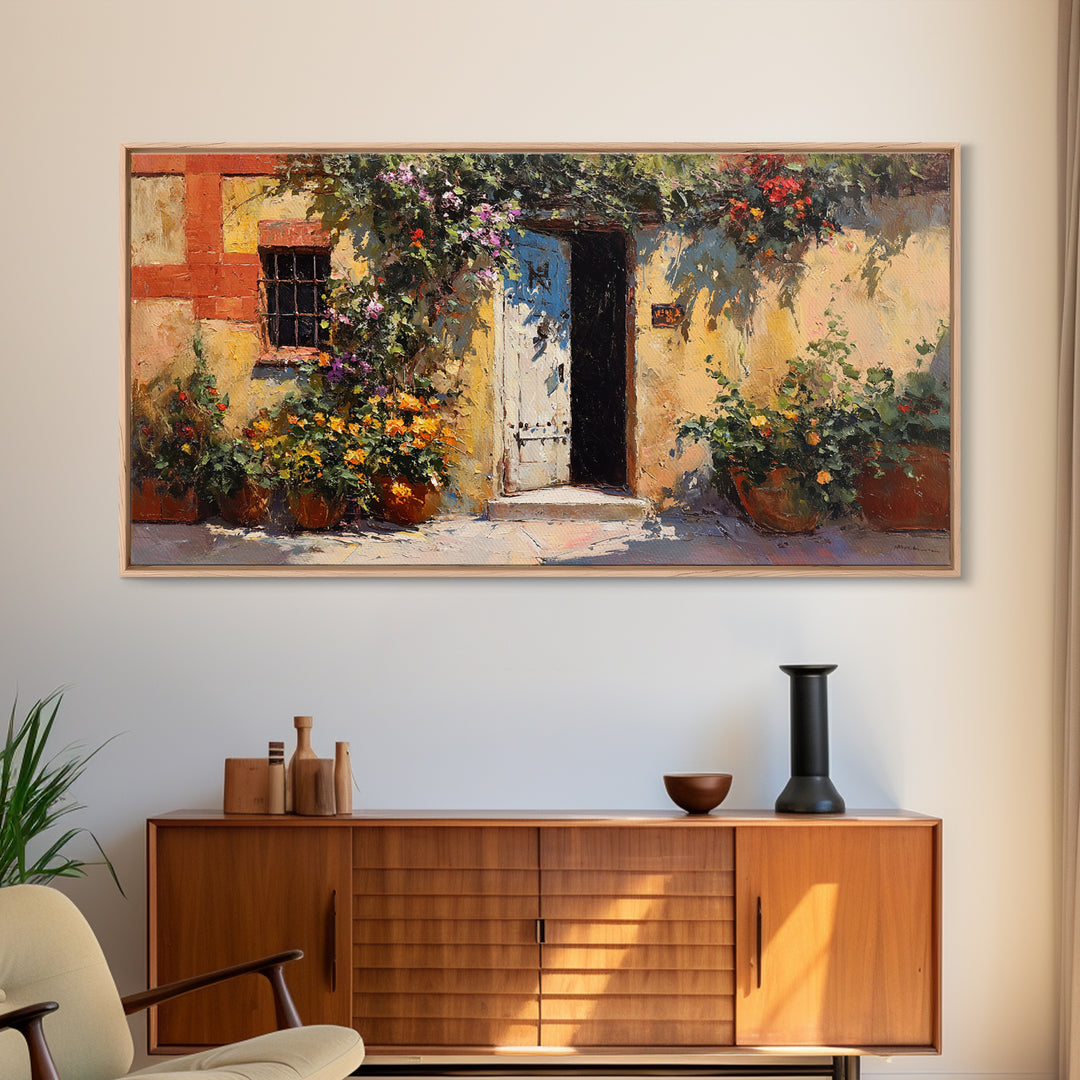 Sunlit Courtyard Doorway Canvas Print, Mediterranean Art, Large Wall Art, Living Room Decor, Azure, Digital Art Prints, MAR-2x1-31