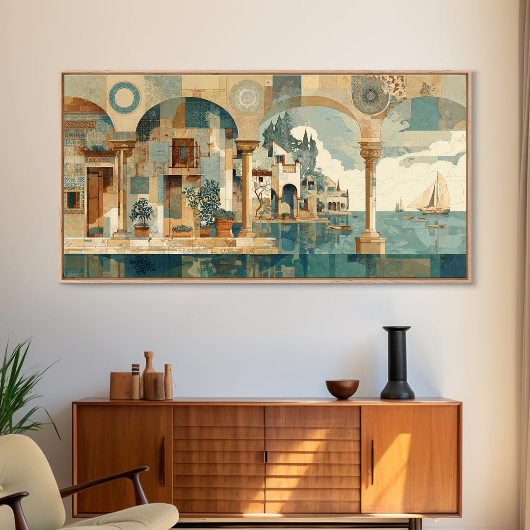 Ancient Column with Sea and Sky Beyond Canvas Print, Mediterranean Art, Minimalist Decor, Living Room Decor, Oil Painting, MAR-2x1-32