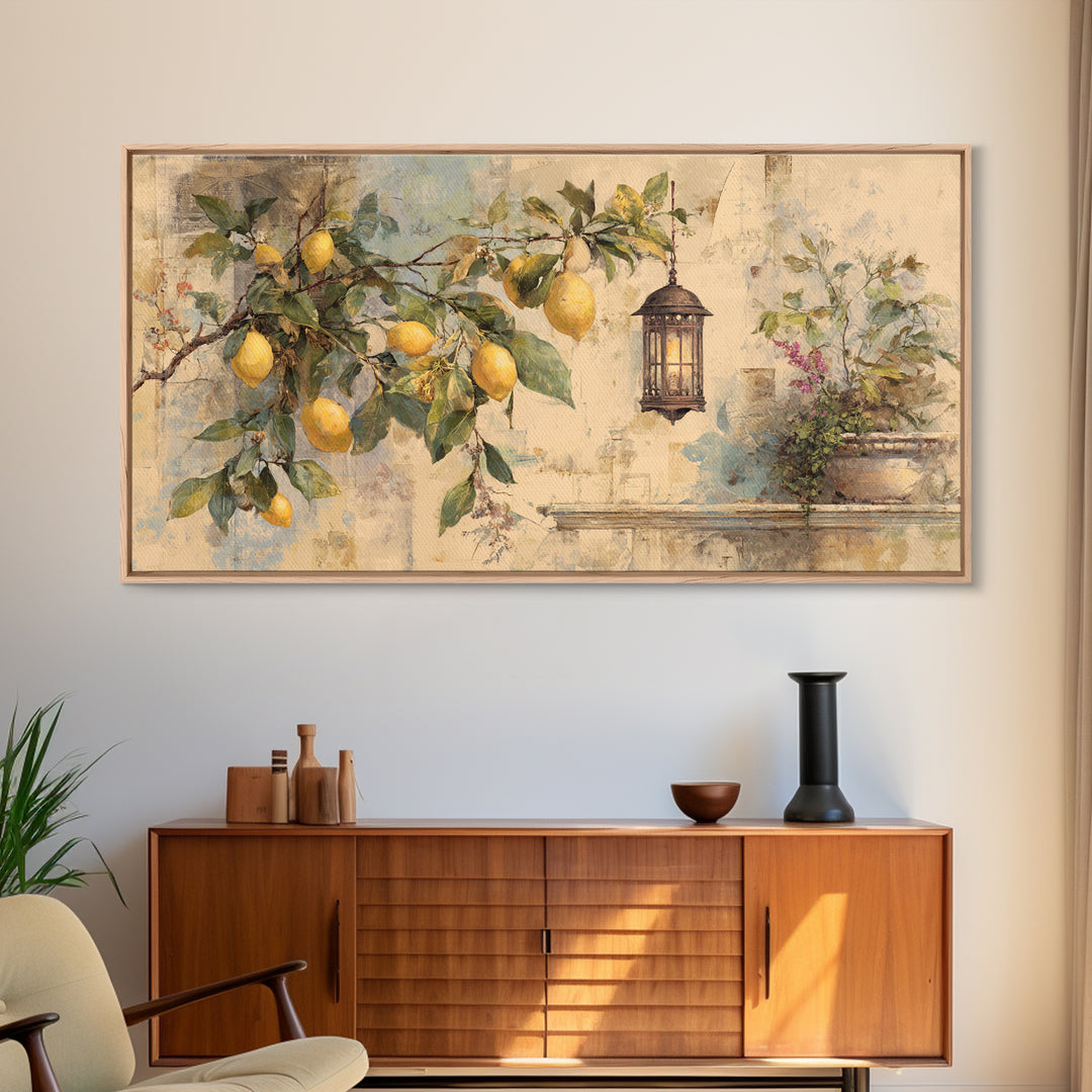 Sicilian Lemon Branch on Ivory Background Canvas Print, Mediterranean Art, Statement Artwork, Living Room Decor, Azure, MAR-2x1-33