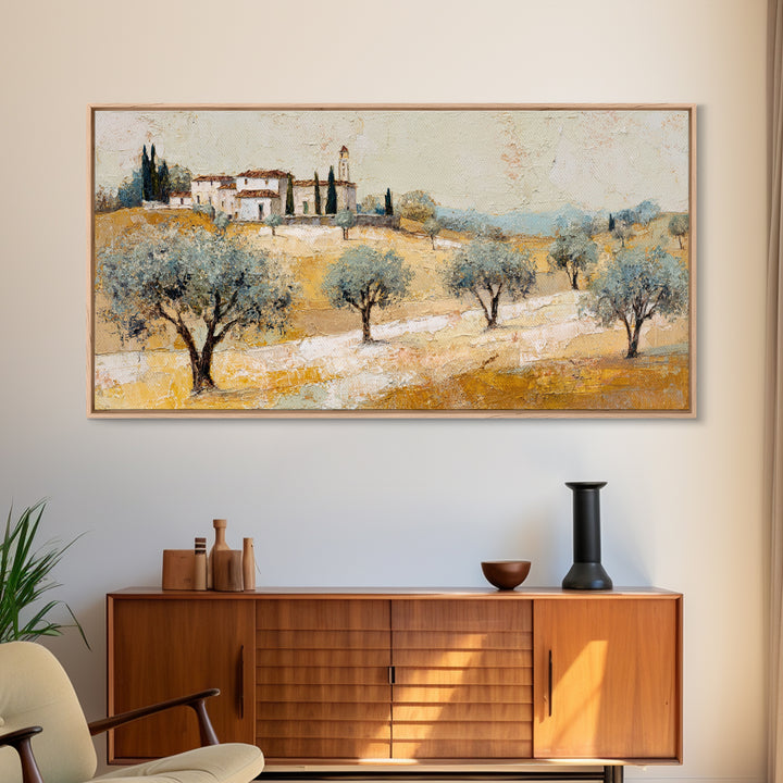 Olive Grove under Pale Morning Light Framed Canvas Print, Mediterranean Art, Boho Decor, Living Room Decor, Fine Art, Azure, MAR-2x1-37