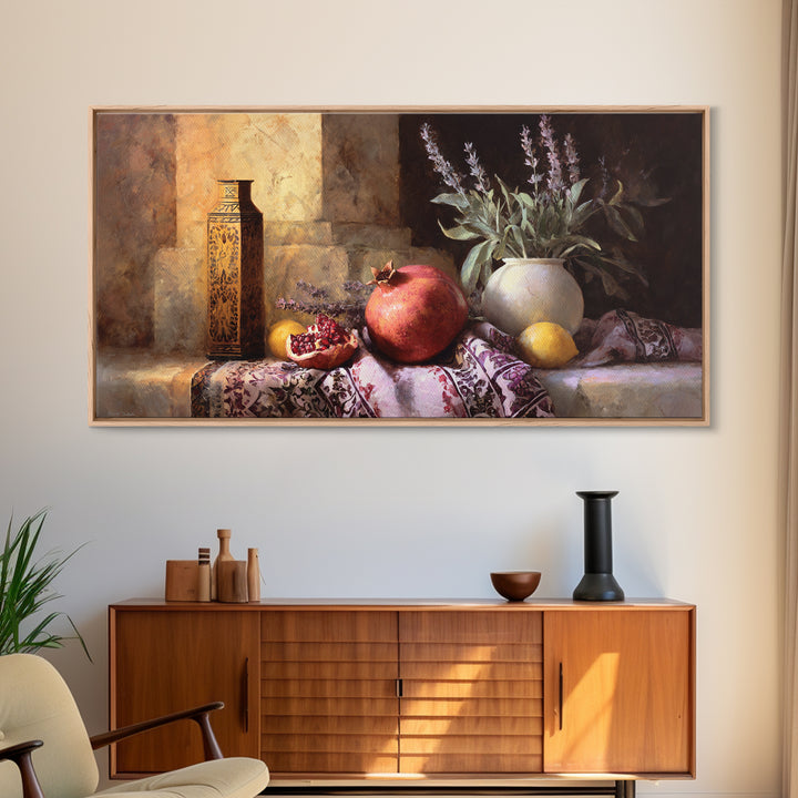 Pomegranate Still Life Canvas Print, Mediterranean Art, Living Room Decor, Oil Painting, Azure, Modern Wall Art, MAR-2x1-39
