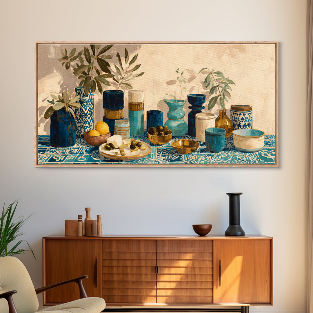 Figs Olives and Cheese Still Life Canvas Print, Mediterranean Art, Boho Decor, Living Room Decor, Azure, Digital Wall Art, MAR-2x1-4