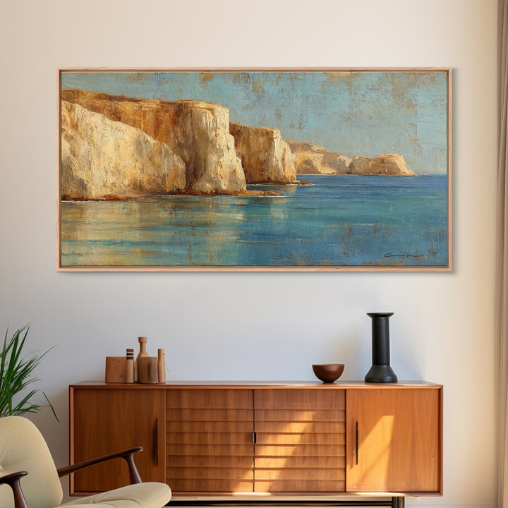 Coastal Cliffs with Sparkling Blue Water Framed Canvas Print, Mediterranean Art, Home Decor, Living Room Decor, Fine Art, Azure, MAR-2x1-40