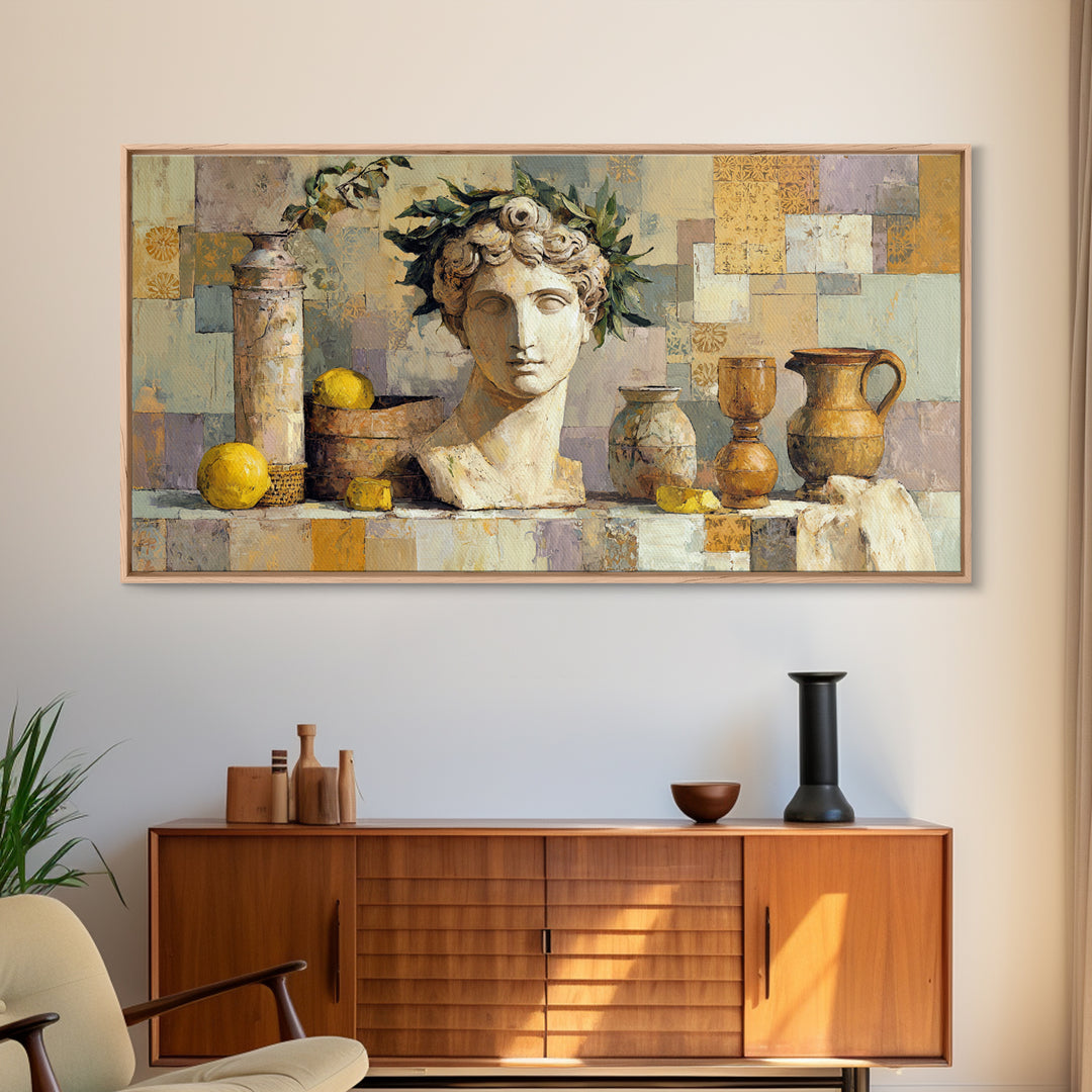 Roman Statue Bust Framed Canvas Print, Mediterranean Art, Gallery Decor, Living Room Decor, Fine Art, Azure, Minimalist Decor, MAR-2x1-42