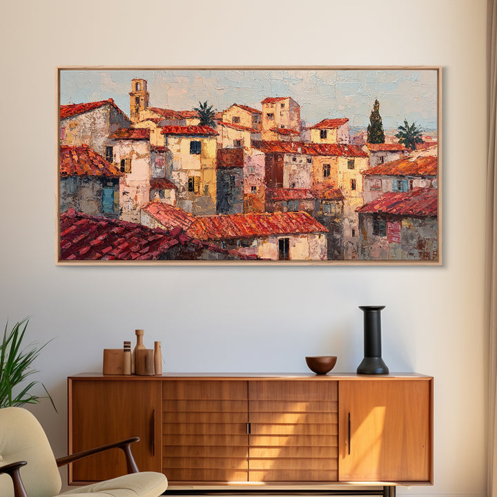 Sunset over Red Tiled Rooftops Framed Canvas Print, Mediterranean Art, Original Painting, Living Room Decor, Fine Art, Azure, MAR-2x1-43