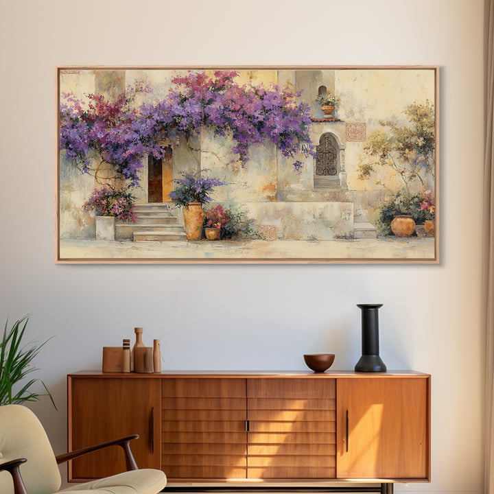Bougainvillea Cascading over Stone Wall Canvas Print, Mediterranean Art, Home Decor, Living Room Decor, Fine Art, Azure, MAR-2x1-49