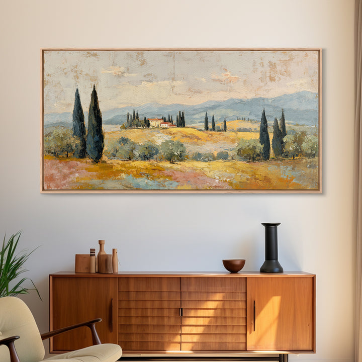 Tuscan Cypress Trees and Golden Hillside Framed Canvas Print, Mediterranean Art, Luxury Decor, Living Room Decor, Azure, MAR-2x1-50