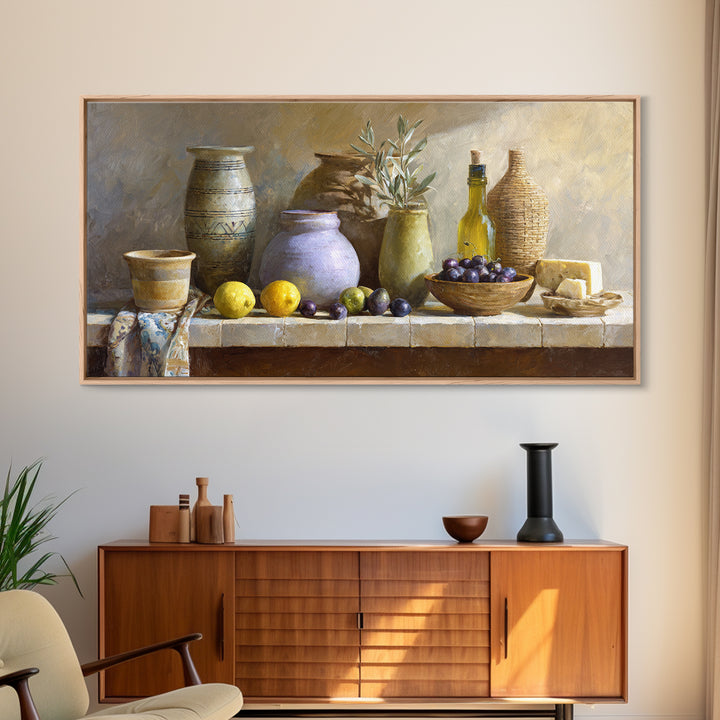 Figs Olives and Cheese Still Life Canvas Print, Mediterranean Art, Oil Painting, Living Room Decor, Azure, Nautical Decor, MAR-2x1-52