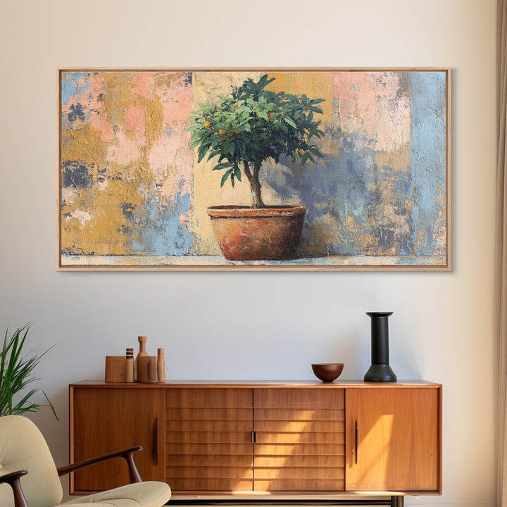 Citrus Tree in Clay Pot Framed Canvas Print, Mediterranean Art, Modern Decor, Living Room Decor, Fine Art, Azure, MAR-2x1-6