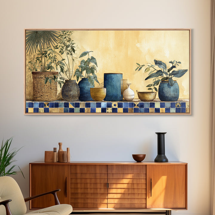 Spanish Tile Ornament Framed Canvas Print, Mediterranean Art, Large Wall Art, Living Room Decor, Oil Painting, Azure, MAR-2x1-60