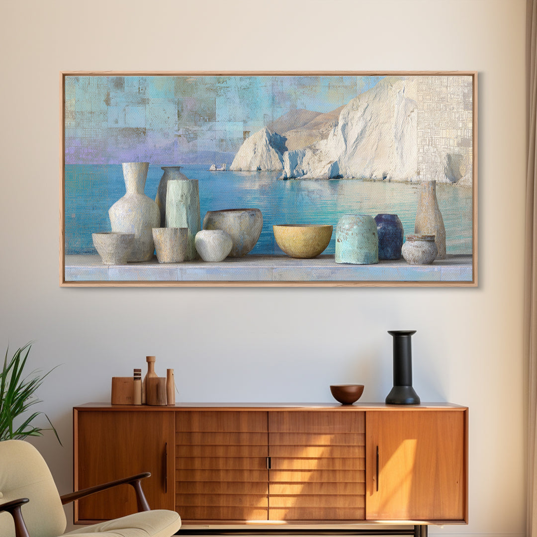 Coastal Cliffs with Sparkling Blue Water Canvas Print, Mediterranean Art, Framed Wall Art, Living Room Decor, Fine Art, Azure, MAR-2x1-64