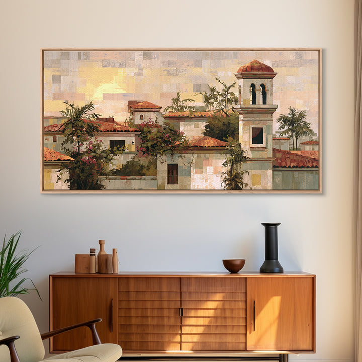 Sunset over Red Tiled Rooftops Framed Canvas Print, Mediterranean Art, Landscape Wall Art, Living Room Decor, Fine Art, Azure, MAR-2x1-67