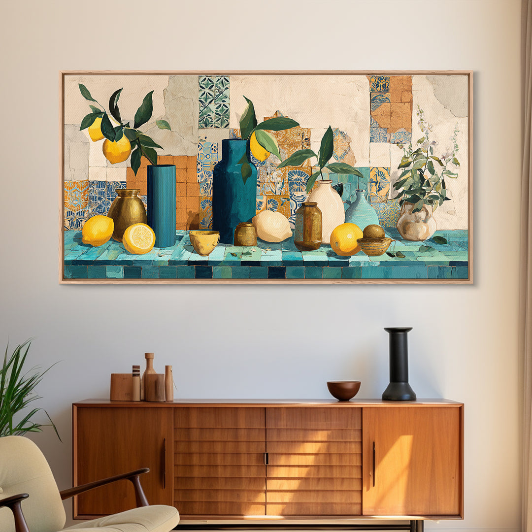 Olive Branch and Lemons on Terracotta Ground Canvas Print, Mediterranean Art, Minimalist Decor, Living Room Decor, Oil Painting, MAR-2x1-70