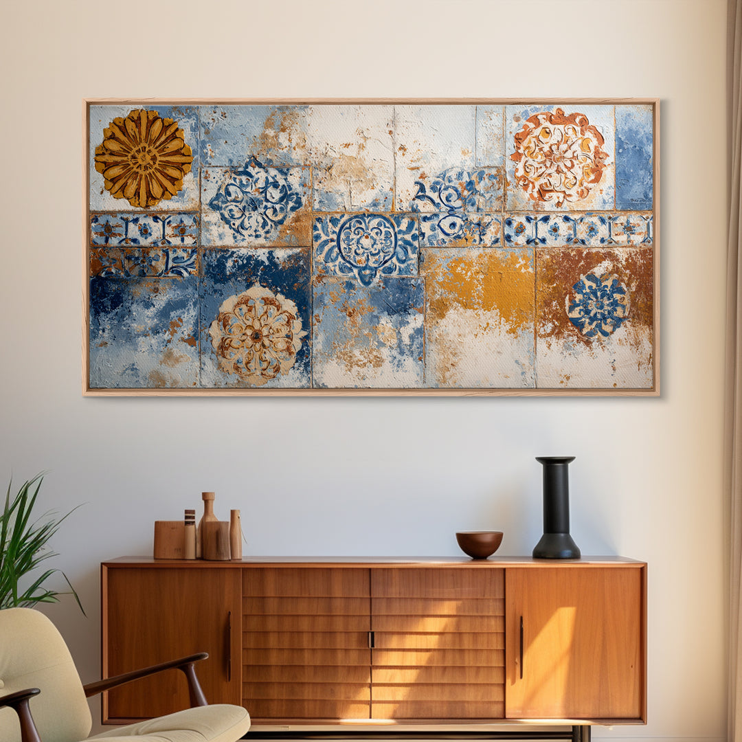 Blue and White Tile Pattern Framed Canvas Print, Mediterranean Art, Printable Art, Living Room Decor, Fine Art, Azure, MAR-2x1-72