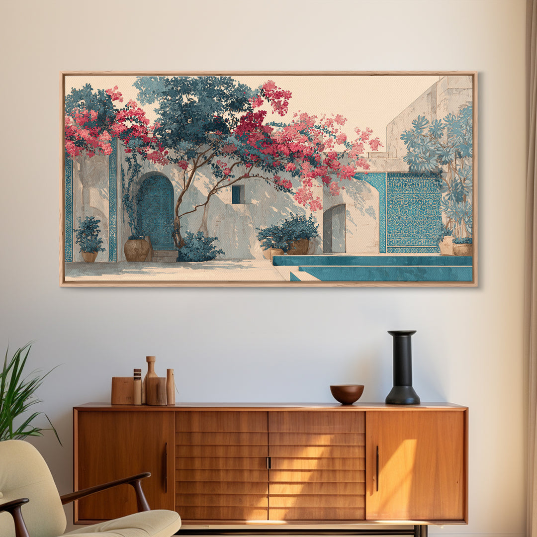 Bougainvillea Cascading over Stone Wall Canvas Print, Mediterranean Art, Home Decor, Living Room Decor, Fine Art, Azure, MAR-2x1-73