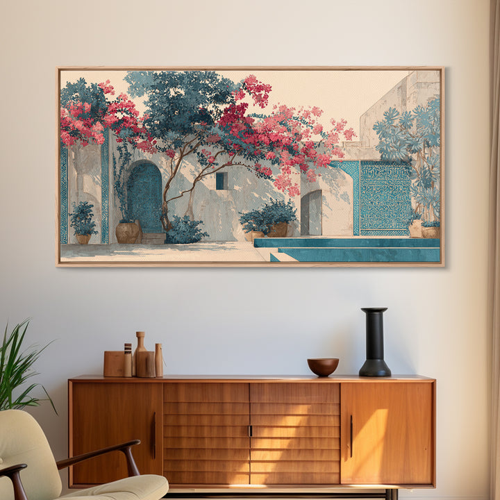 Bougainvillea Cascading over Stone Wall Canvas Print, Mediterranean Art, Home Decor, Living Room Decor, Fine Art, Azure, MAR-2x1-73