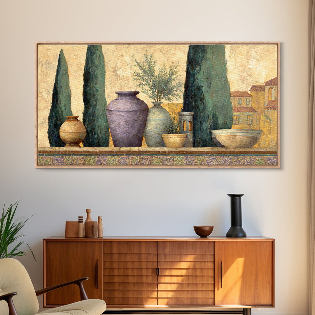 Tuscan Cypress Trees and Golden Hillside Canvas Print, Mediterranean Art, Living Room Decor, Watercolor Art, Azure, MAR-2x1-74