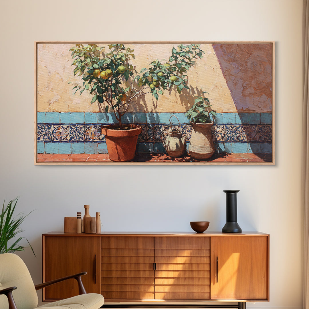Citrus Tree in Clay Pot Canvas Print, Mediterranean Art, Art Print, Living Room Decor, Fine Art, Azure, Digital Print, MAR-2x1-78
