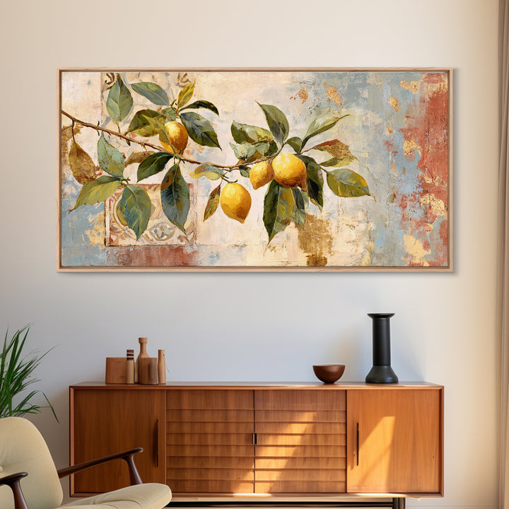 Sicilian Lemon Branch on Ivory Background Framed Canvas Print, Mediterranean Art, Original Painting, Living Room Decor, Azure, MAR-2x1-81