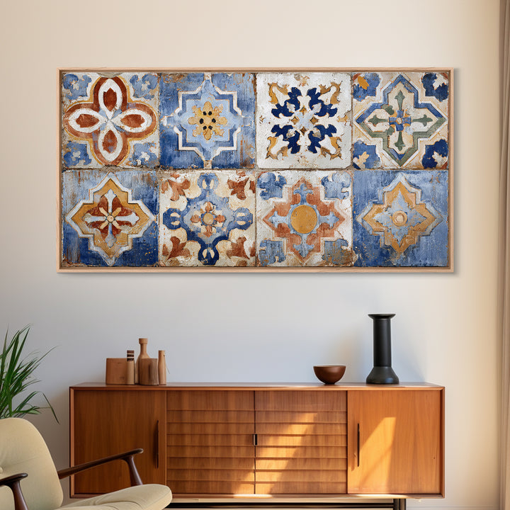 Spanish Tile Ornament Framed Canvas Print, Mediterranean Art, Coastal Wall Art, Living Room Decor, Azure, Living Room Art, MAR-2x1-84