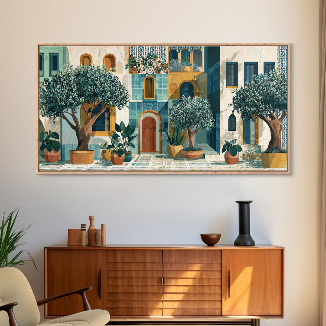 Olive Grove under Pale Morning Light Framed Canvas Print, Mediterranean Art, Oil Painting, Living Room Decor, Fine Art, Azure, MAR-2x1-85