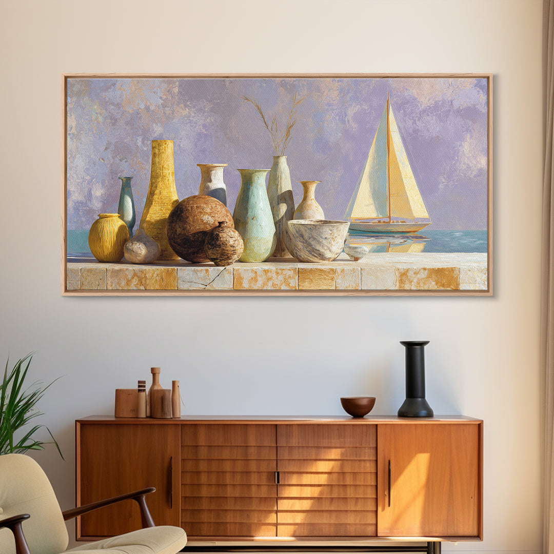 Mediterranean Sailboat on Glassy Water Framed Canvas Print, Mediterranean Art, Textured Painting, Living Room Decor, Azure, MAR-2x1-86