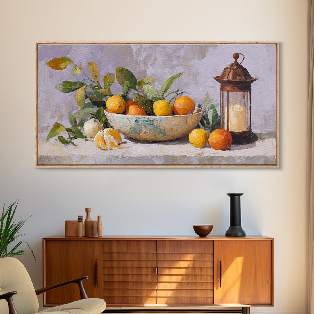 Ceramic Bowl of Oranges and Leaves Canvas Print, Mediterranean Art, Digital Wall Art, Living Room Decor, Fine Art, Azure, MAR-2x1-89