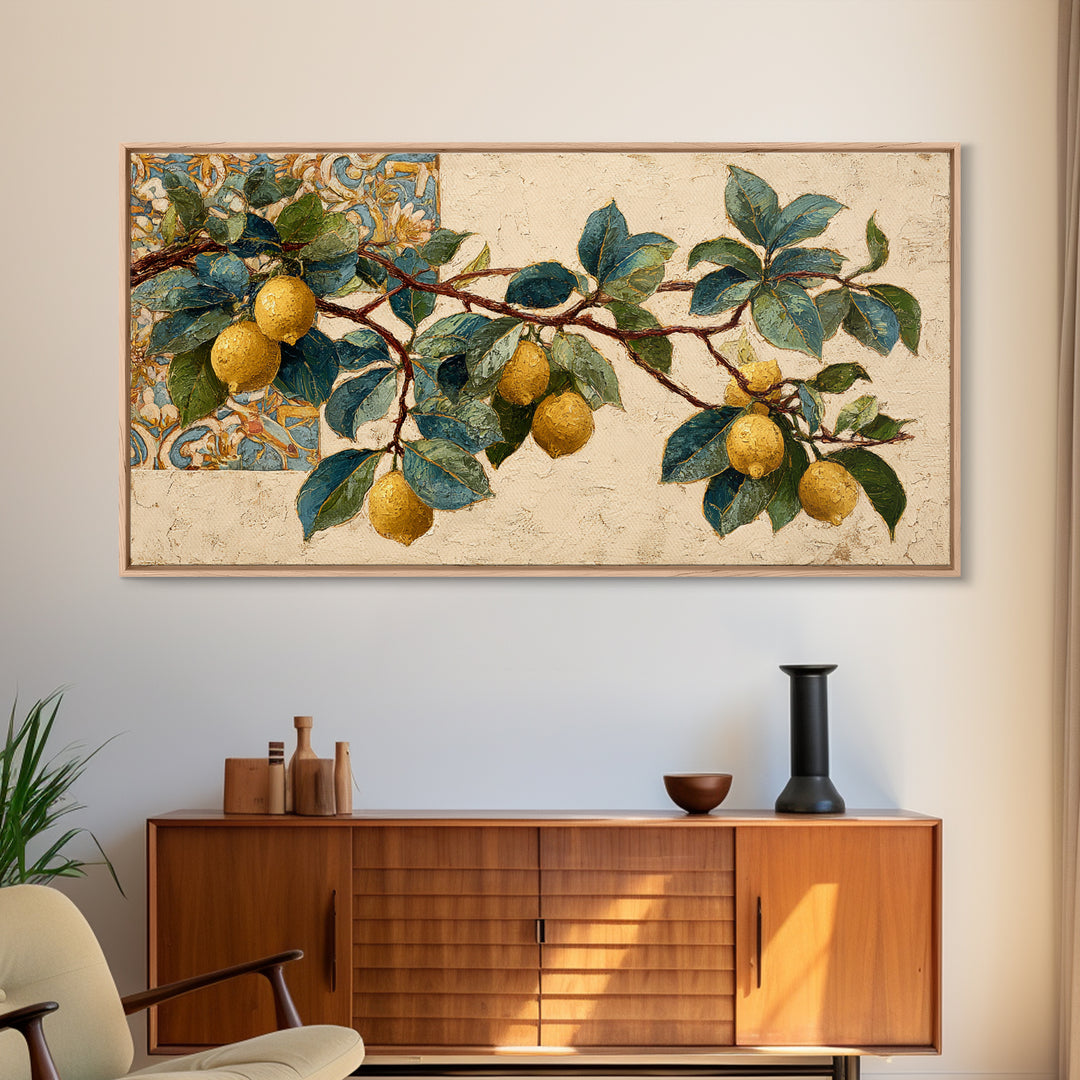 Sicilian Lemon Branch on Ivory Background Canvas Print, Mediterranean Art, Statement Artwork, Living Room Decor, Azure, MAR-2x1-9