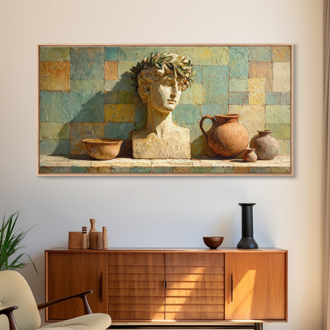 Roman Statue Bust Framed Canvas Print, Mediterranean Art, Living Room Decor, Oil Painting, Azure, Farmhouse Decor, MAR-2x1-90