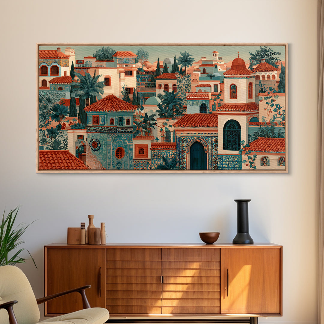 Sunset over Red Tiled Rooftops Framed Canvas Print, Mediterranean Art, Oil Painting, Living Room Decor, Fine Art, Azure, MAR-2x1-91