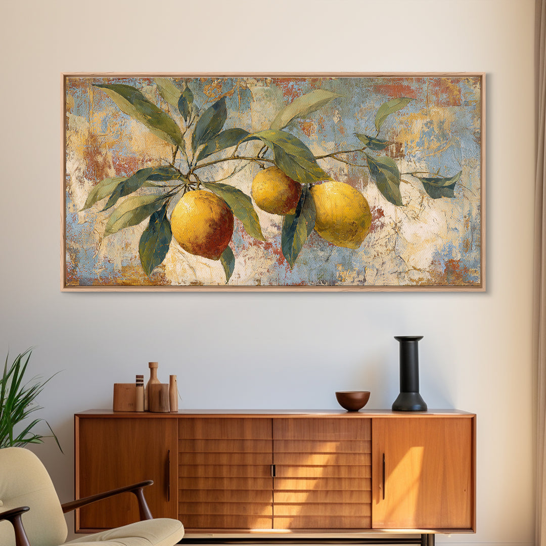 Olive Branch and Lemons on Terracotta Ground Canvas Print, Mediterranean Art, Minimalist Decor, Living Room Decor, Oil Painting, MAR-2x1-94