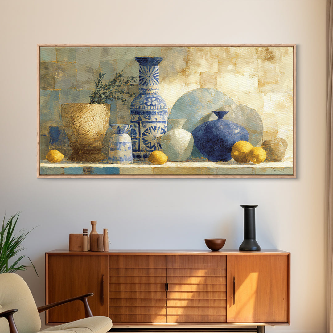 Blue and White Tile Pattern Framed Canvas Print, Mediterranean Art, Coastal Decor, Living Room Decor, Oil Painting, Azure, MAR-2x1-96