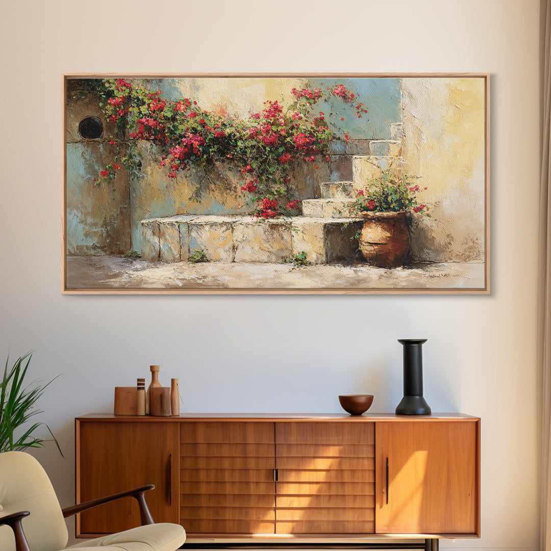 Bougainvillea Cascading over Stone Wall Framed Canvas Print, Mediterranean Art, Framed Wall Art, Living Room Decor, Azure, MAR-2x1-97