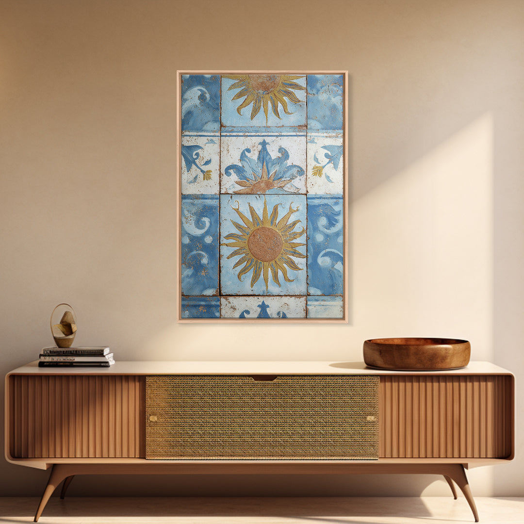 Blue and White Tile Pattern Framed Canvas Print, Mediterranean Art, Fine Art Print, Living Room Decor, Oil Painting, Azure, MAR-2x3-12