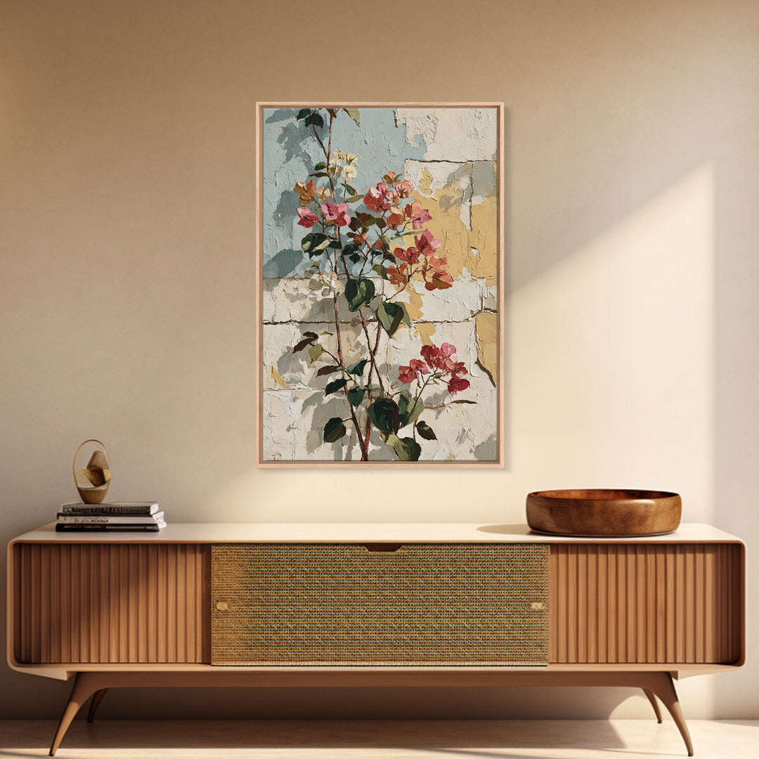 Bougainvillea Cascading over Stone Wall Framed Canvas Print, Mediterranean Art, Room Decor, Living Room Decor, Fine Art, Azure, MAR-2x3-13