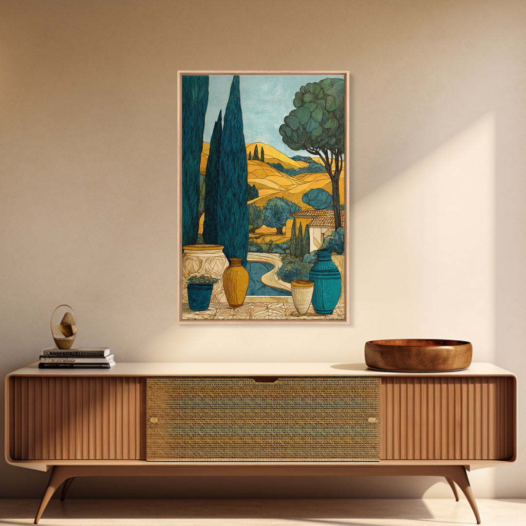 Tuscan Cypress Trees and Golden Hillside Canvas Print, Mediterranean Art, Modern Decor, Living Room Decor, Oil Painting, Azure, MAR-2x3-14