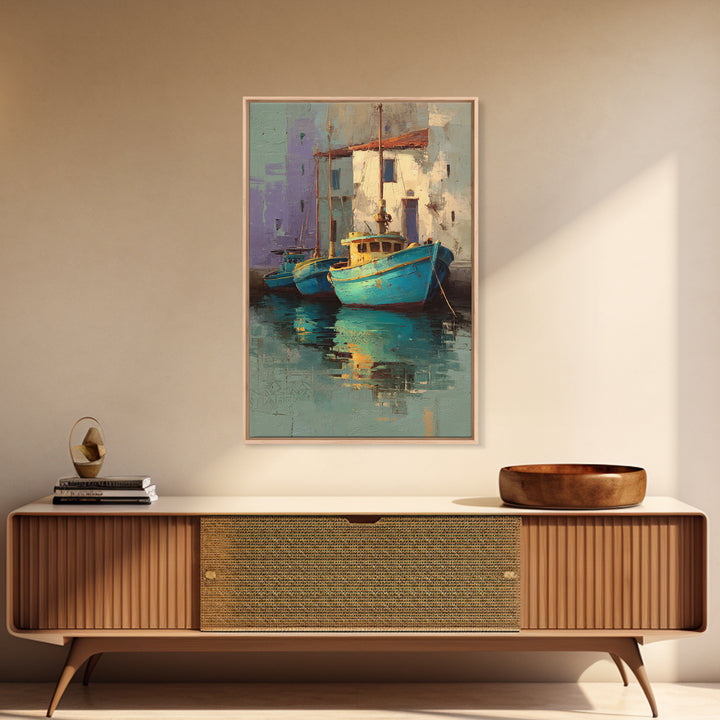 Coastal Fishing Boats Canvas Print, Mediterranean Art, Minimalist Wall Art, Living Room Decor, Fine Art, Azure, Neutral Decor, MAR-2x3-15