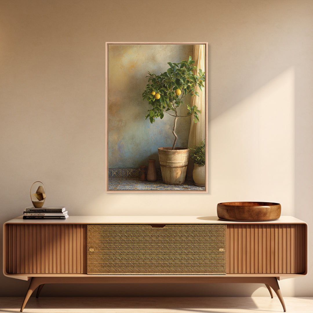Citrus Tree in Clay Pot Framed Canvas Print, Mediterranean Art, Fine Art Print, Living Room Decor, Watercolor Art, Azure, MAR-2x3-18