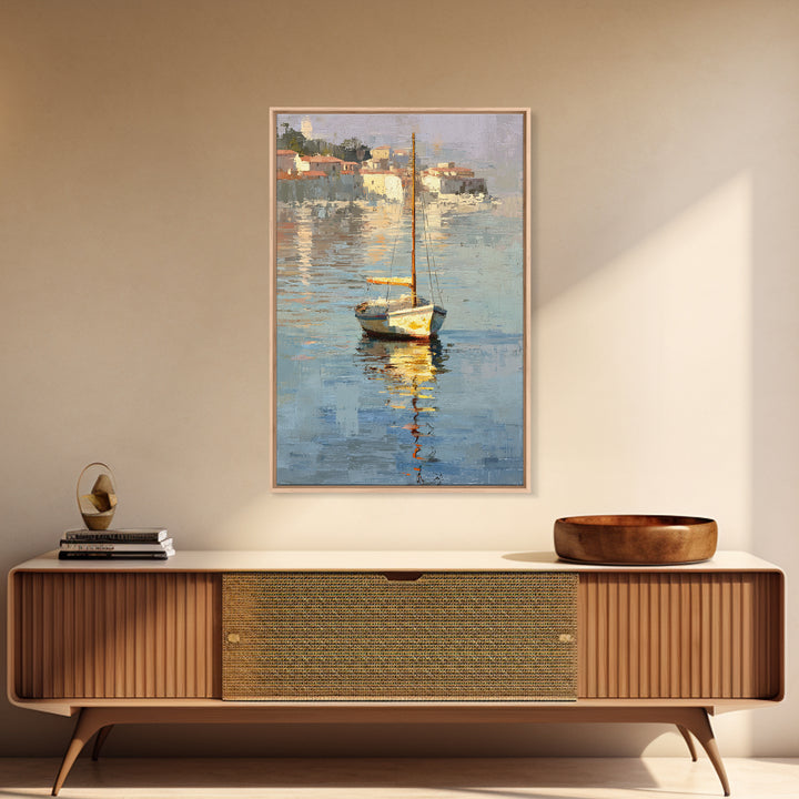 Mediterranean Sailboat on Glassy Water Framed Canvas Print, Mediterranean Art, Gallery Decor, Living Room Decor, Abstract Art, MAR-2x3-2