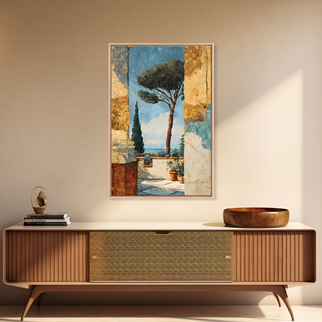 Ancient Column with Sea and Sky Beyond Framed Canvas Print, Mediterranean Art, Living Room Decor, Oil Painting, Azure, MAR-2x3-20