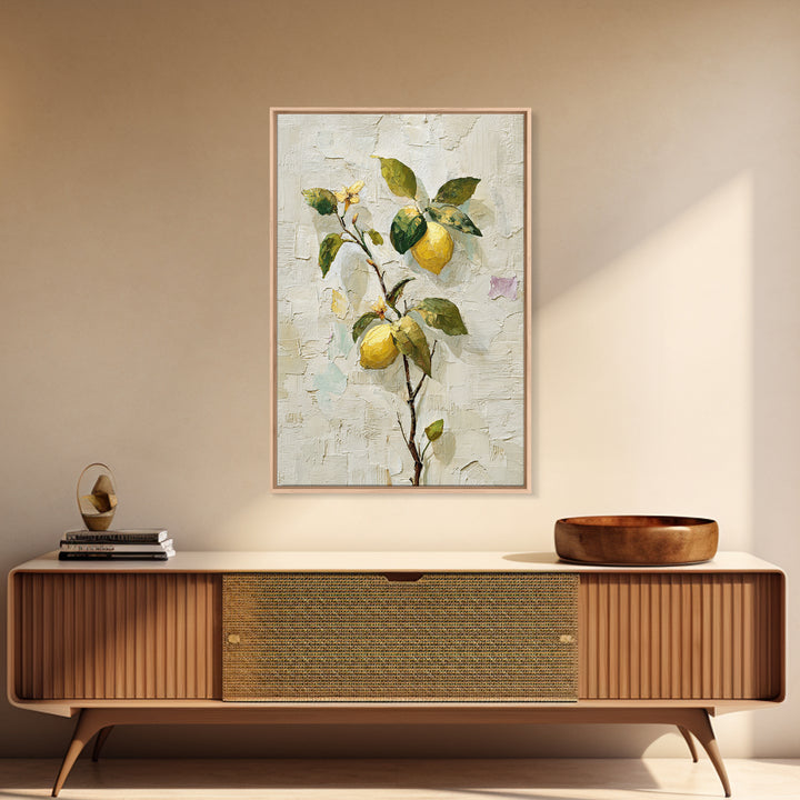 Sicilian Lemon Branch on Ivory Background Framed Canvas Print, Mediterranean Art, Boho Decor, Living Room Decor, Azure, MAR-2x3-21