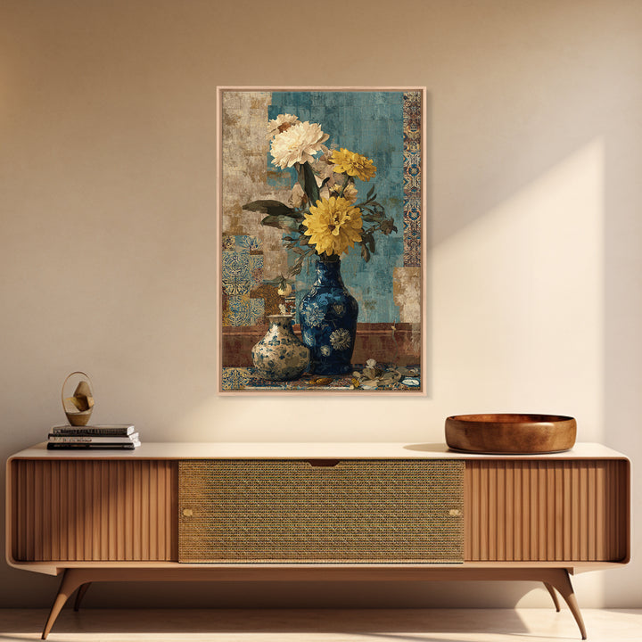 Greek Vase Modern Floral Design Canvas Print, Mediterranean Art, Coastal Wall Decor, Living Room Decor, Fine Art, Azure, MAR-2x3-23