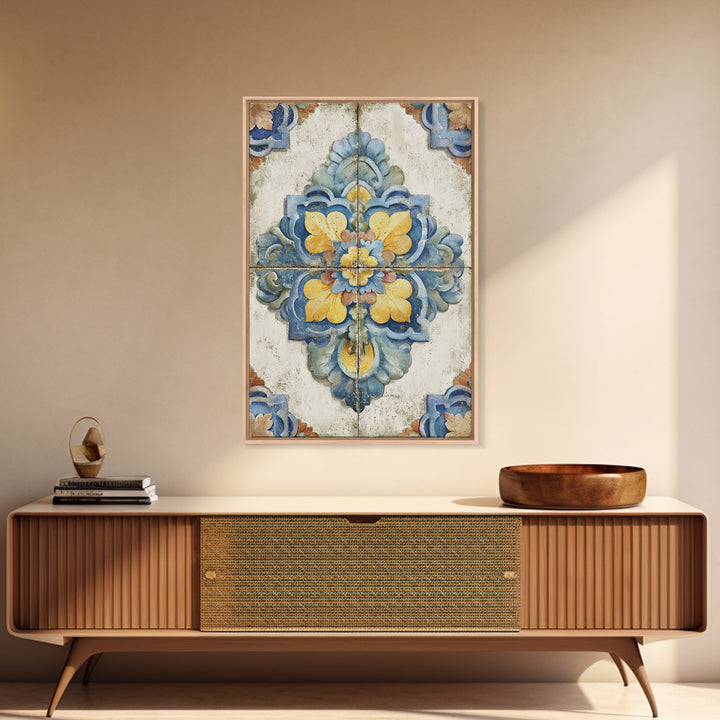 Spanish Tile Ornament Framed Canvas Print, Mediterranean Art, Nautical Decor, Living Room Decor, Azure, Coastal Wall Decor, MAR-2x3-24