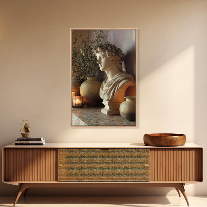 Roman Statue Bust Framed Canvas Print, Mediterranean Art, Wall Decor, Living Room Decor, Fine Art, Azure, Contemporary Art, MAR-2x3-30