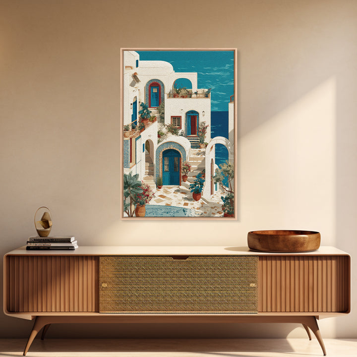 Greek Island White Buildings Above Blue Sea Framed Canvas Print, Mediterranean Art, Living Room Decor, Watercolor Art, Azure, MAR-2x3-33