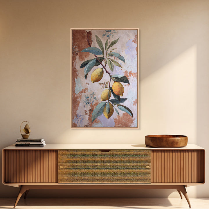 Olive Branch and Lemons on Terracotta Ground Canvas Print, Mediterranean Art, Luxury Decor, Living Room Decor, Azure, MAR-2x3-34