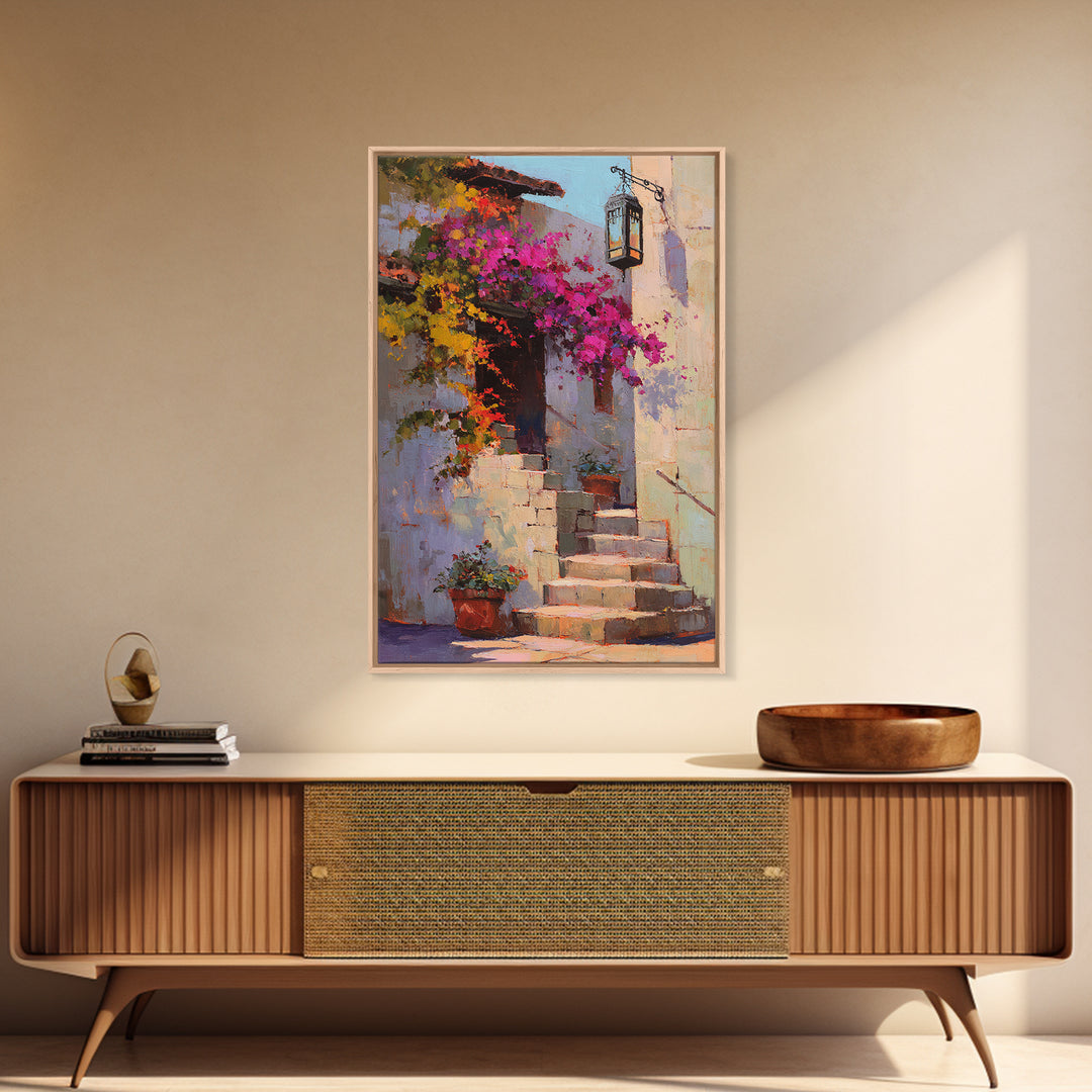 Bougainvillea Cascading over Stone Wall Framed Canvas Print, Mediterranean Art, Room Decor, Living Room Decor, Fine Art, Azure, MAR-2x3-37
