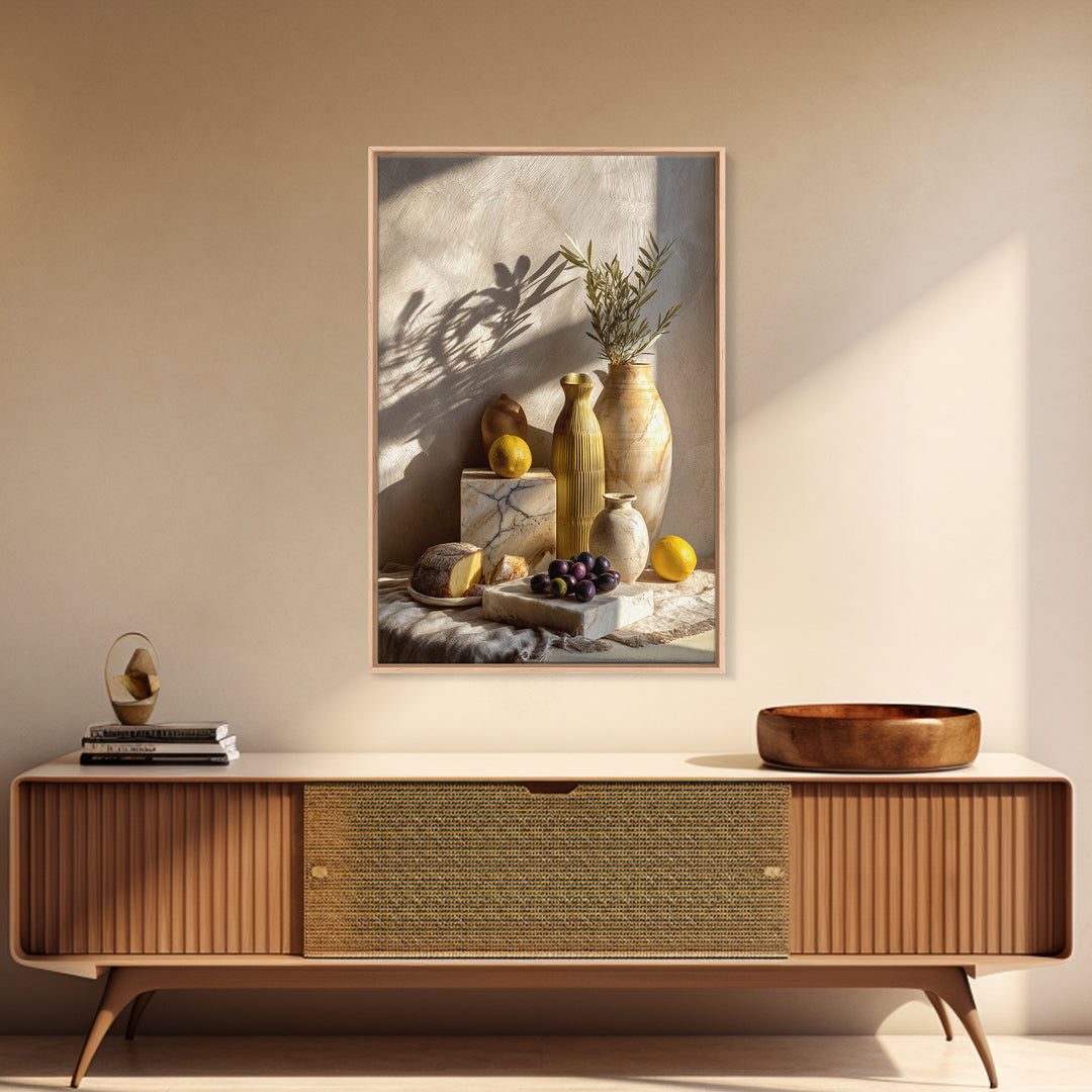 Figs Olives and Cheese Still Life Canvas Print, Mediterranean Art, Landscape Wall Art, Living Room Decor, Fine Art, Azure, MAR-2x3-40