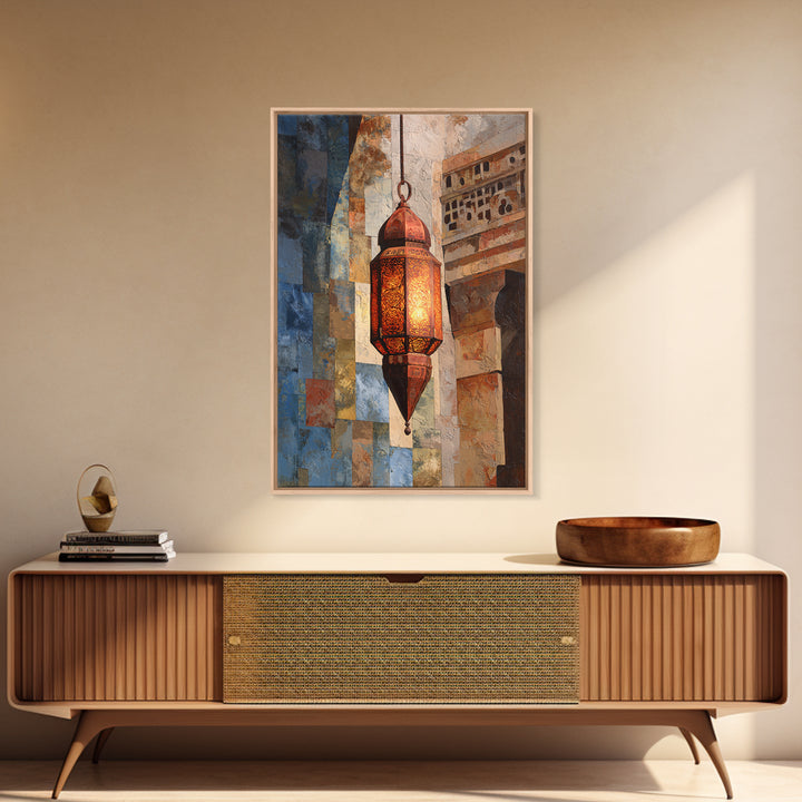 Moroccan Influenced Lantern Framed Canvas Print, Mediterranean Art, Textured Painting, Living Room Decor, Abstract Art, Azure, MAR-2x3-41