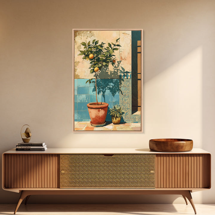 Citrus Tree in Clay Pot Framed Canvas Print, Mediterranean Art, Fine Art Print, Living Room Decor, Watercolor Art, Azure, MAR-2x3-42